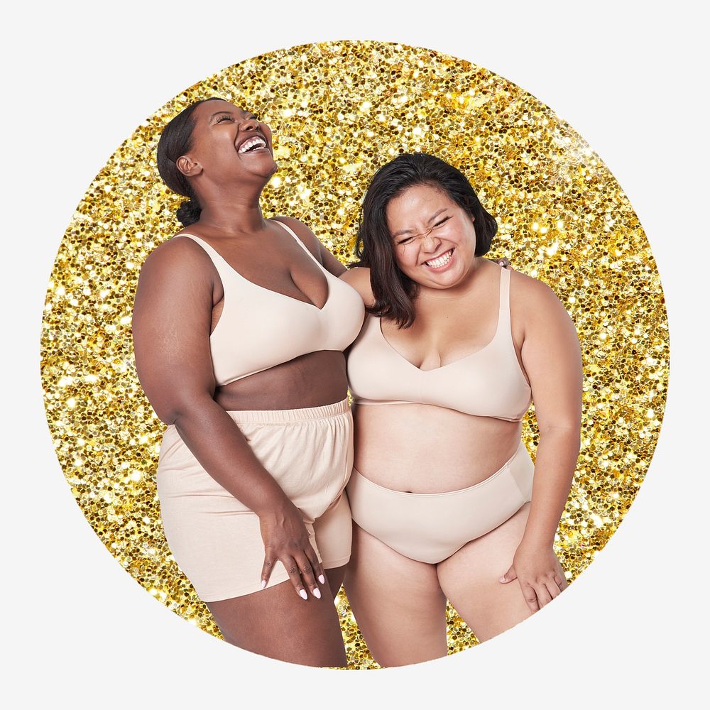 Plus size models in lingerie apparel, gold glitter round shape badge