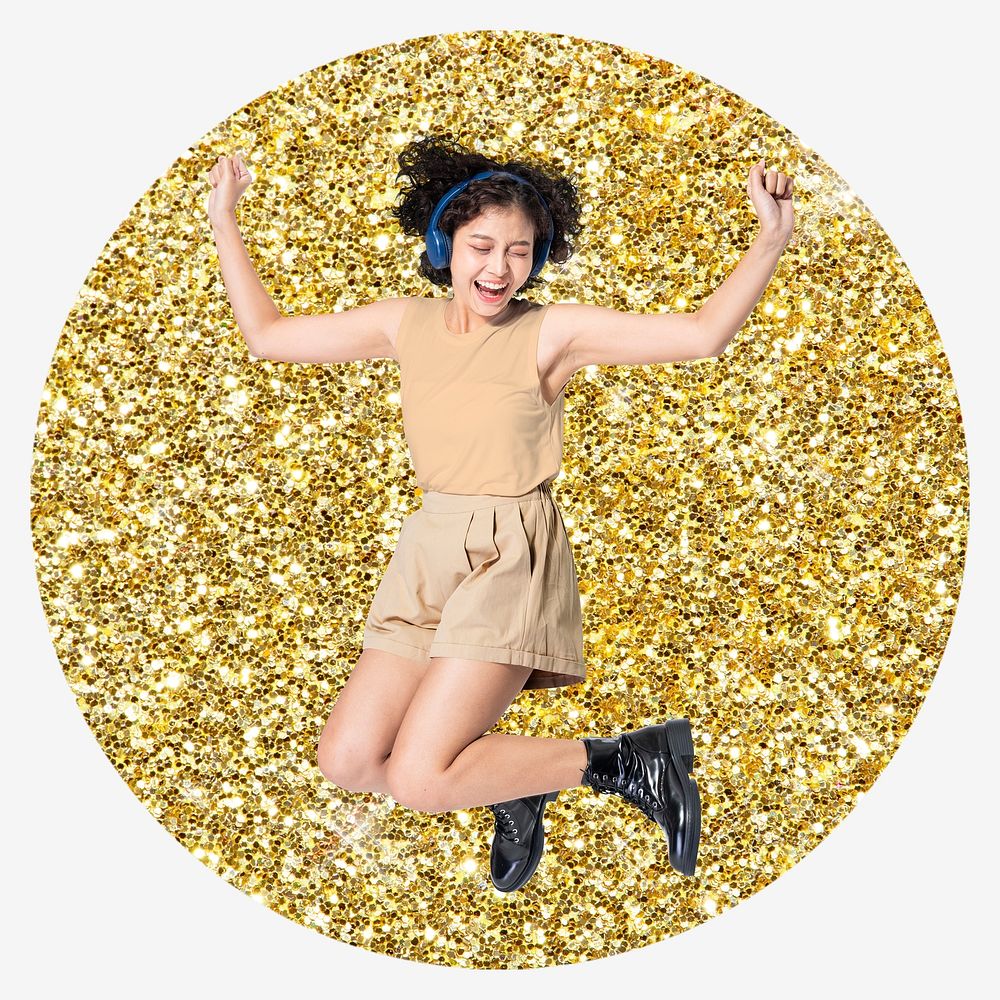 Happy woman, gold glitter round shape badge