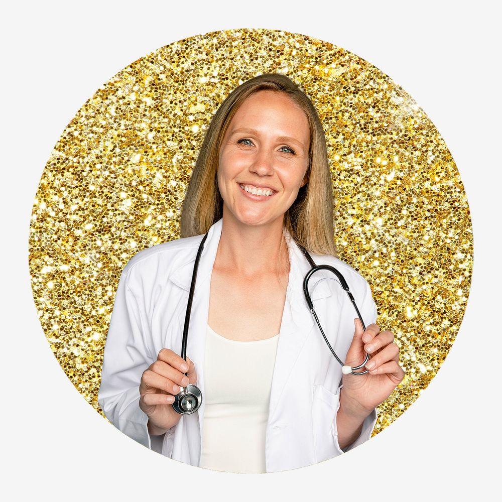 Female doctor, gold glitter circle shape badge