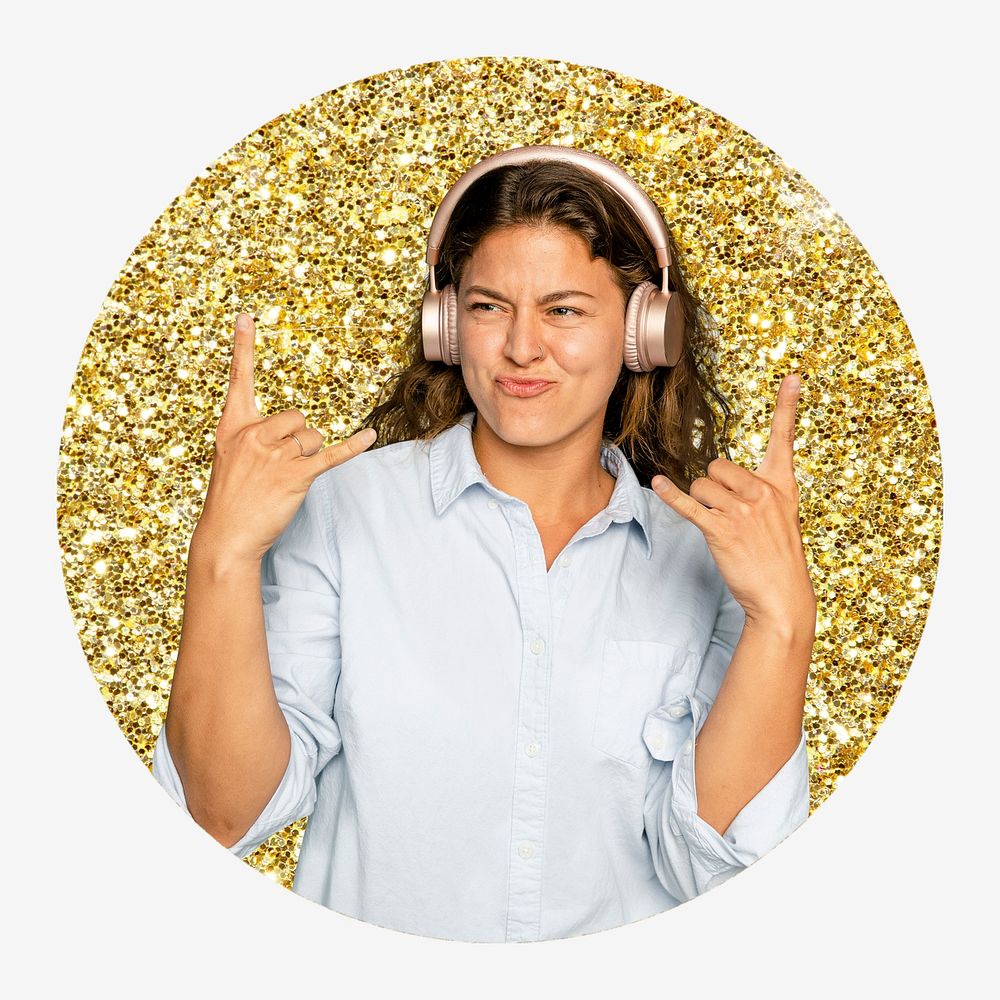 Woman listening to music, gold glitter round shape badge