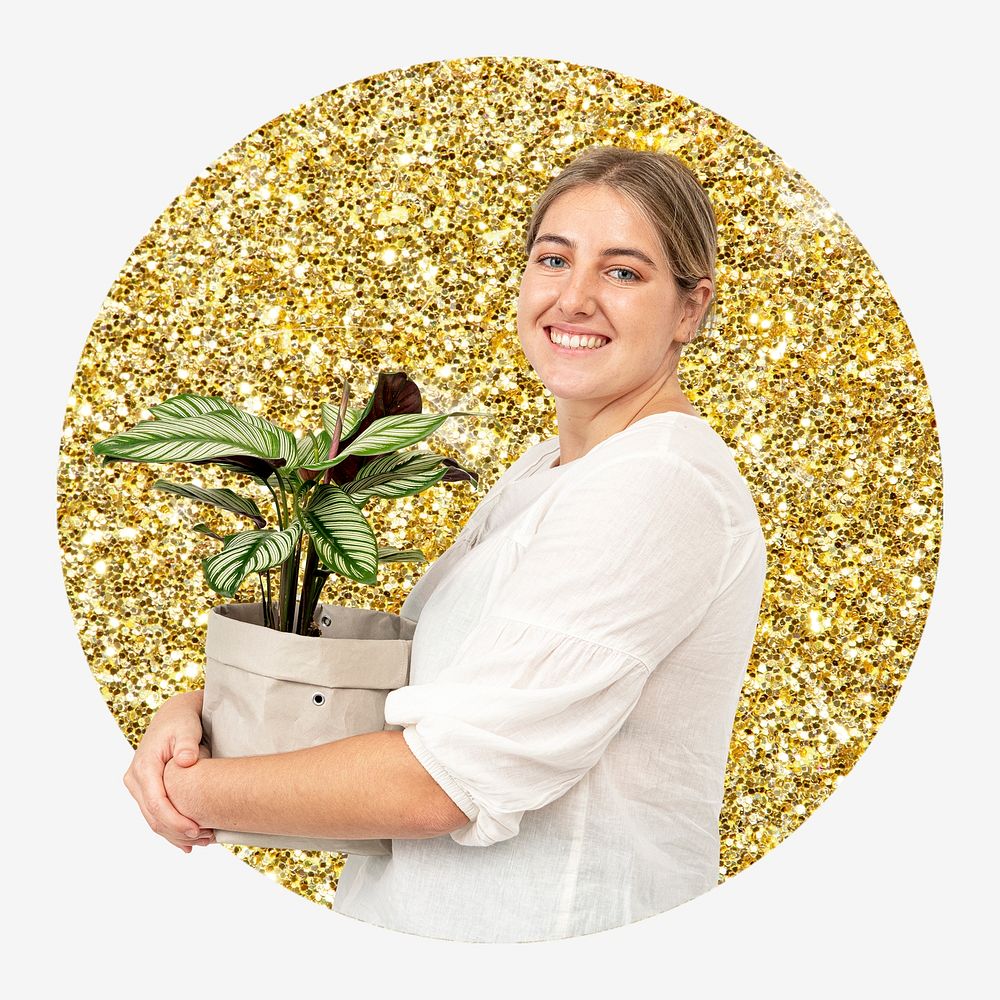 Woman holding plant, gold glitter round shape badge