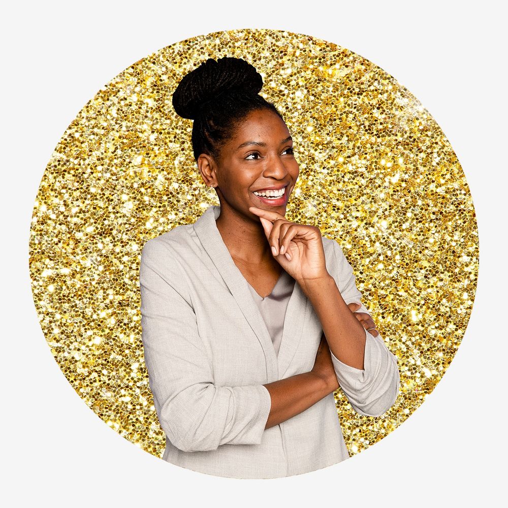 African businesswoman, gold glitter circle shape badge