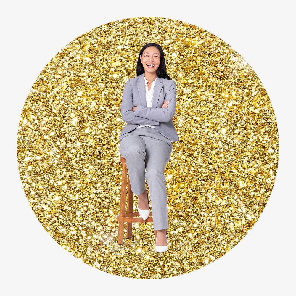 Businesswoman sitting, gold glitter circle shape badge