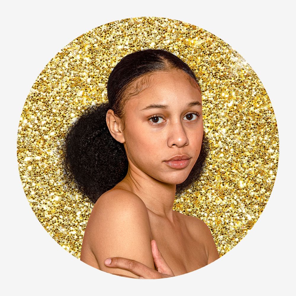 Young woman, gold glitter circle shape badge gold glitter round shape badge