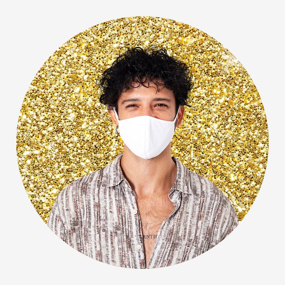 Man wearing mask, covid 19, gold glitter circle shape badge