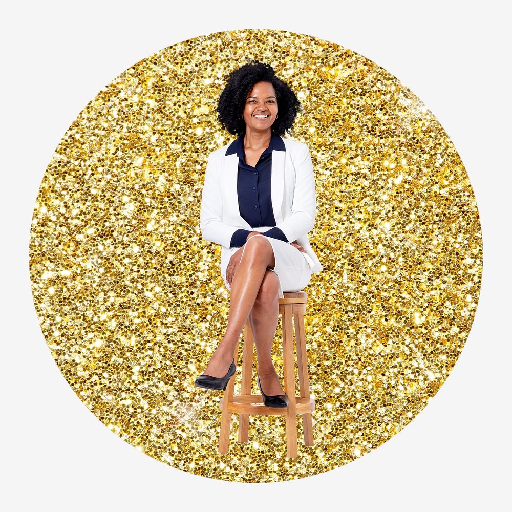 Confident businesswoman, gold glitter circle shape badge