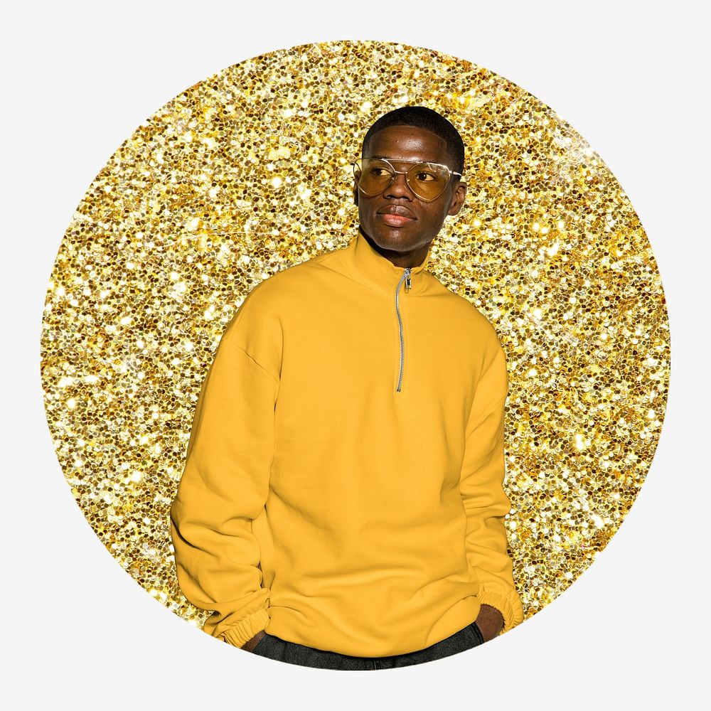 African man, fashion, gold glitter round shape badge