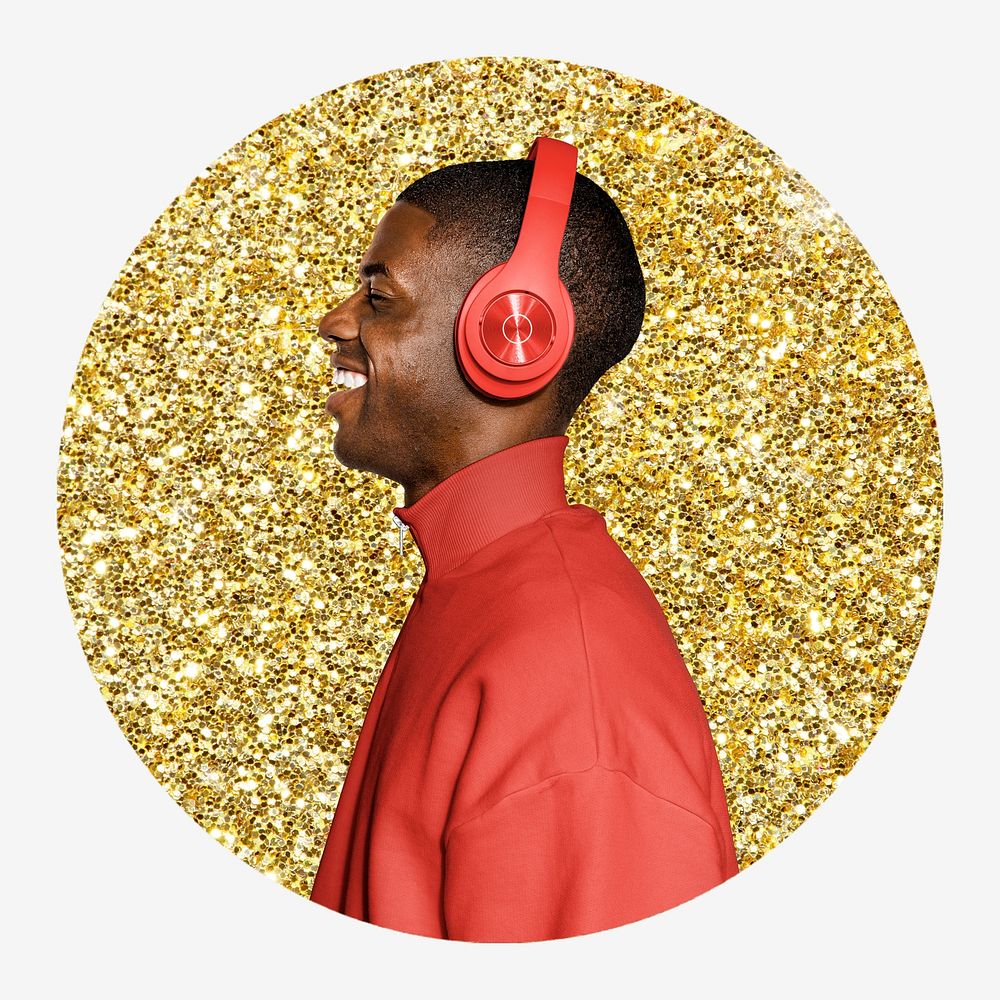 Man with headphones, gold glitter round shape badge