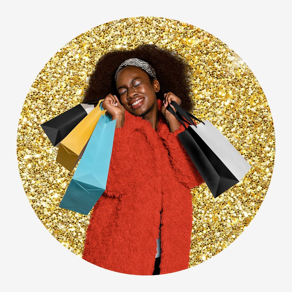 Woman shopping, gold glitter round shape badge