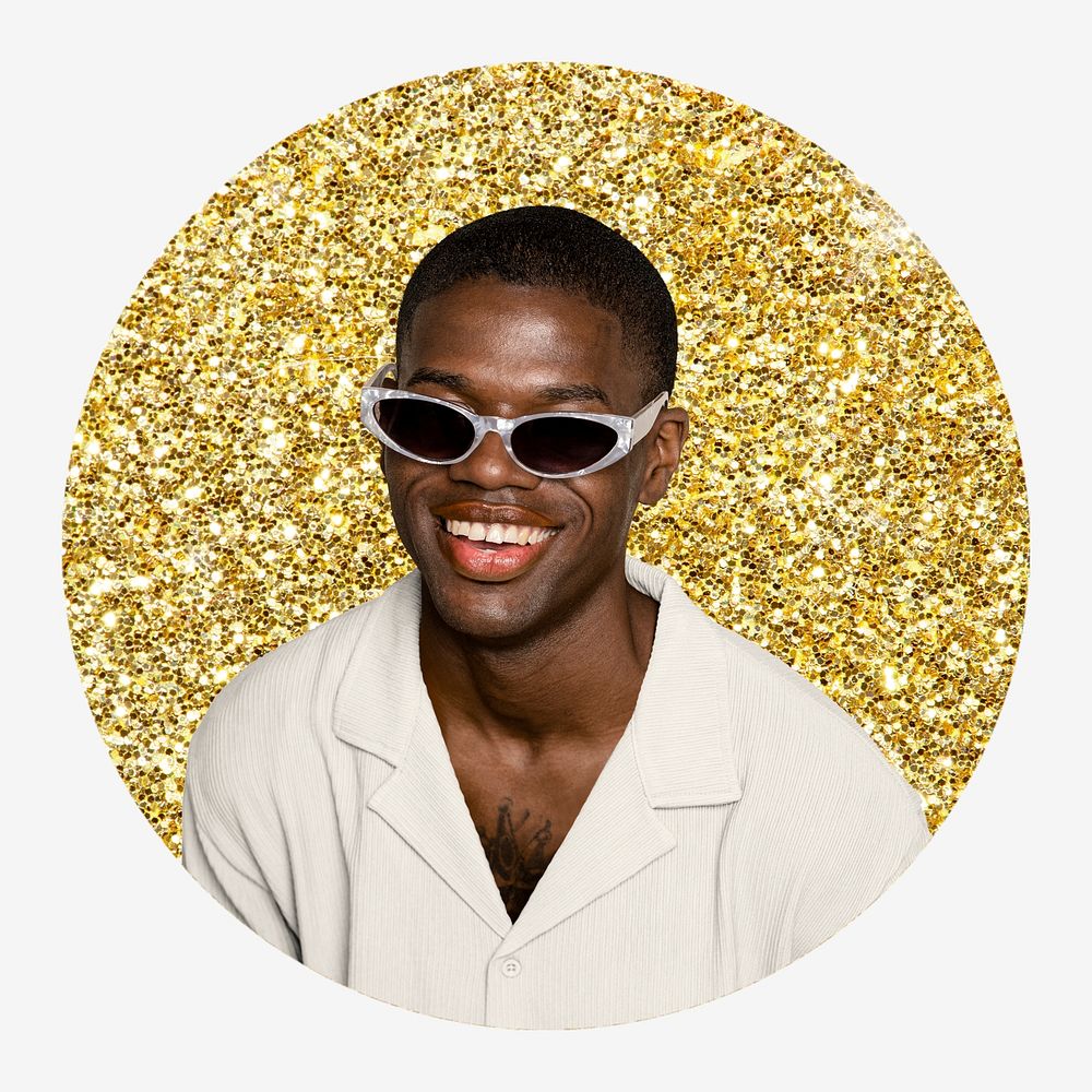 African man with shades, gold glitter round shape badge