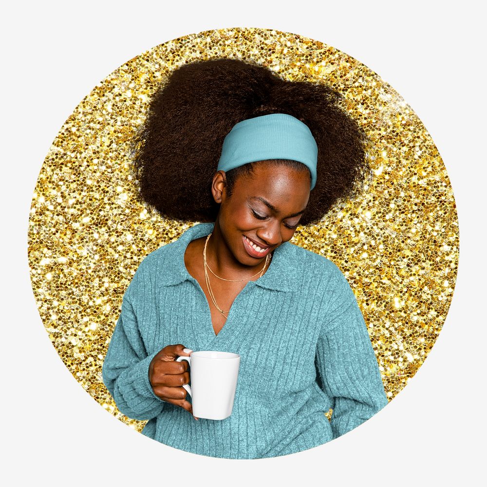 Woman drinking coffee, gold glitter round shape badge