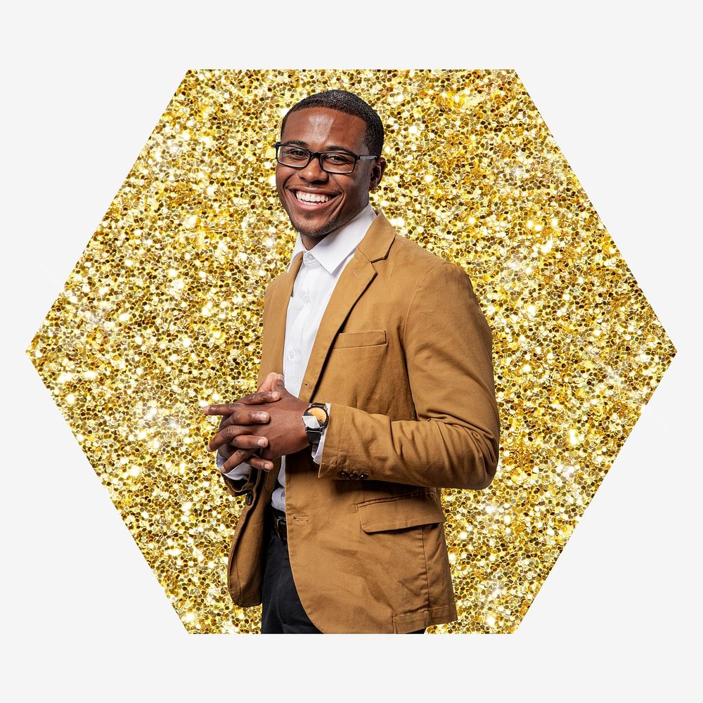 African Businessman, gold glitter hexagon shape badge
