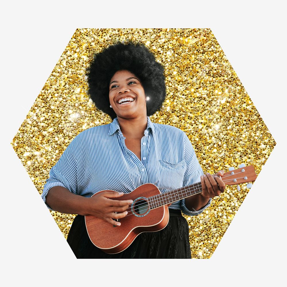 Woman playing ukulele, gold glitter hexagon shape badge