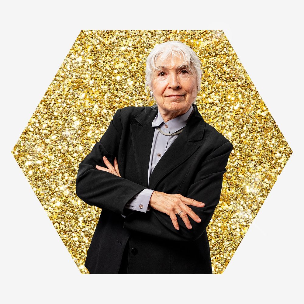 Senior businesswoman, gold glitter hexagon shape badge