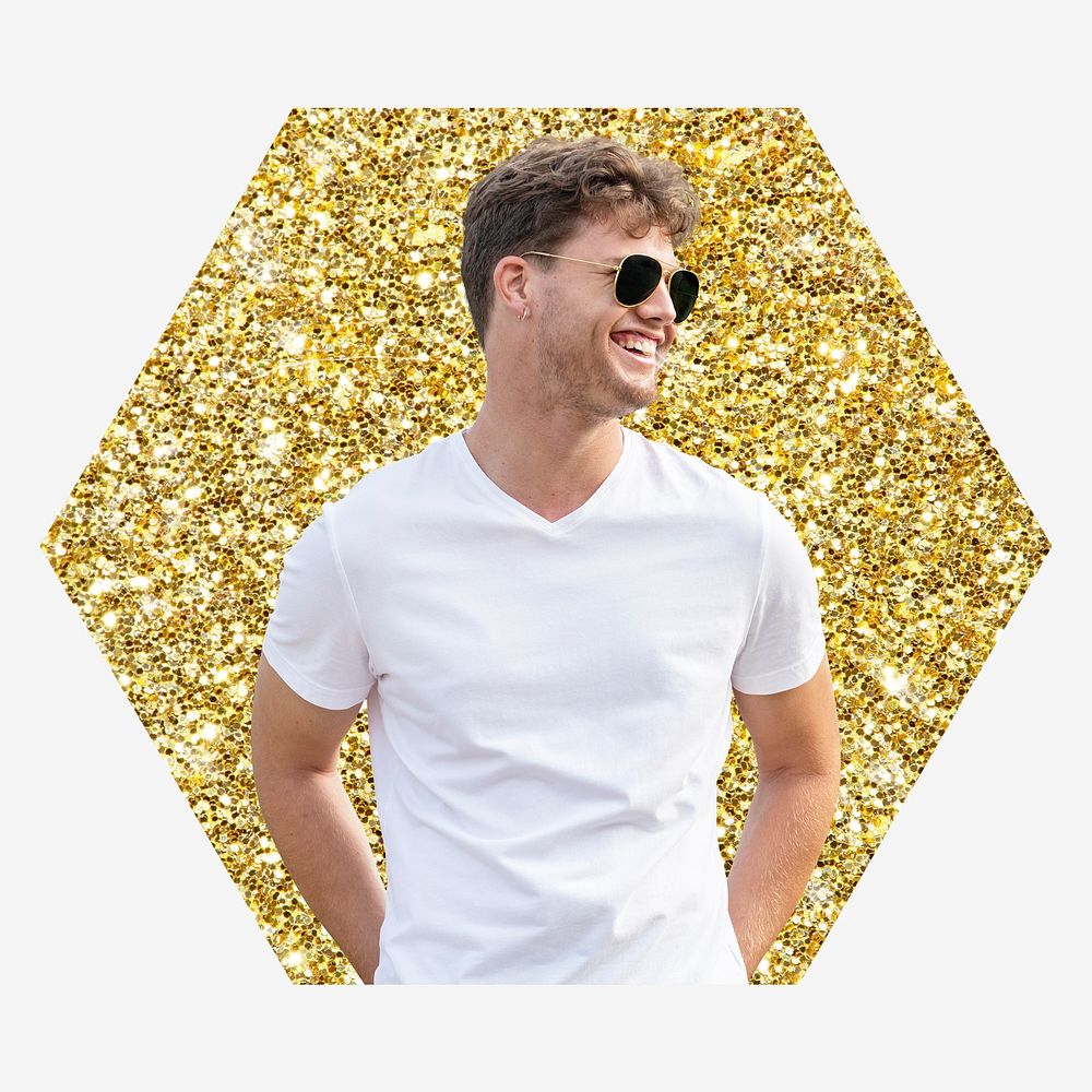 Happy man, gold glitter hexagon shape badge
