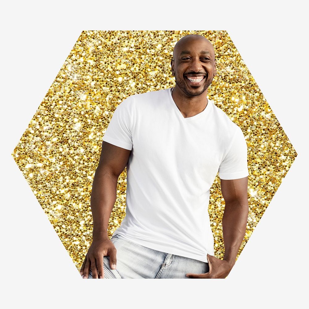 African man, gold glitter hexagon shape badge