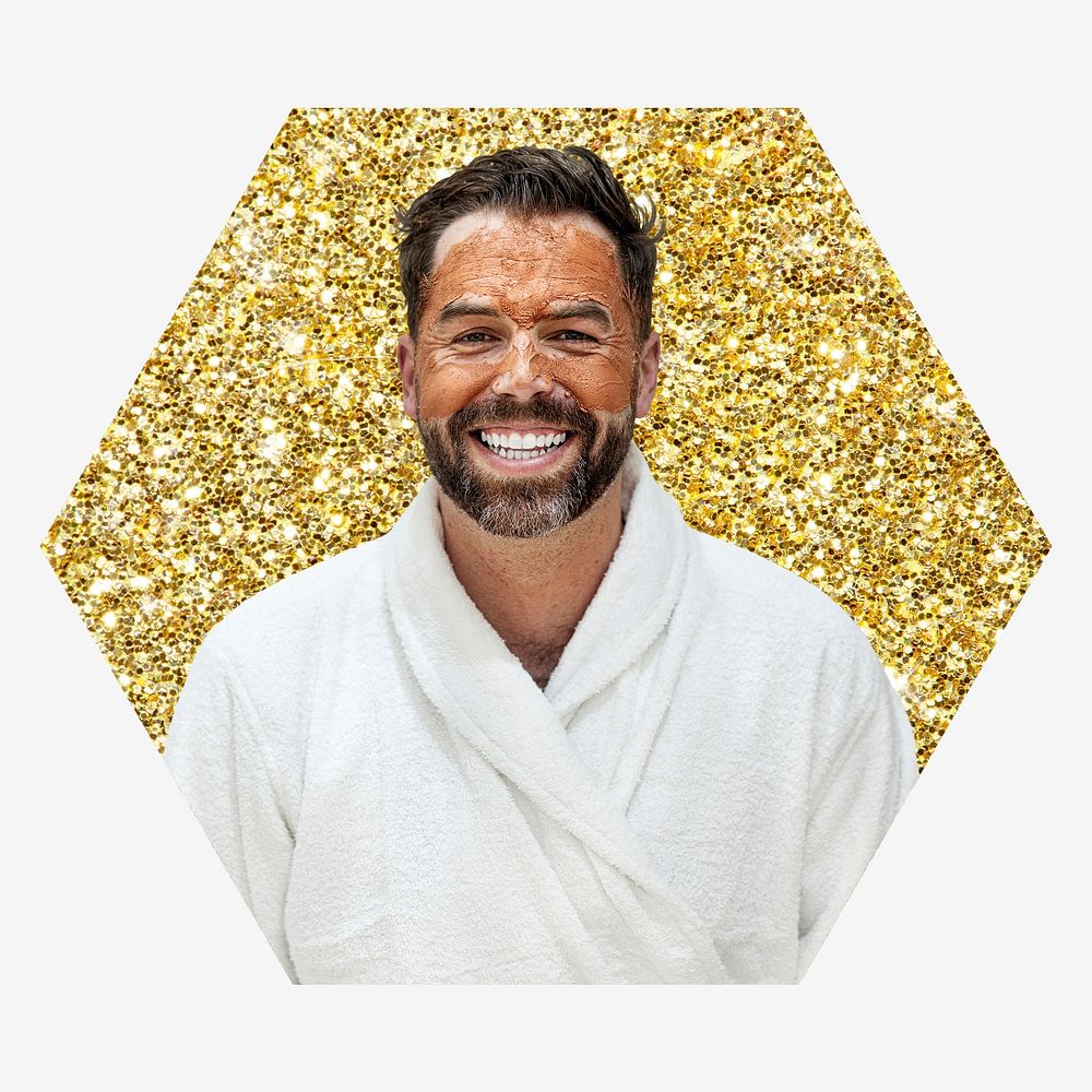 Man in spa, gold glitter hexagon shape badge