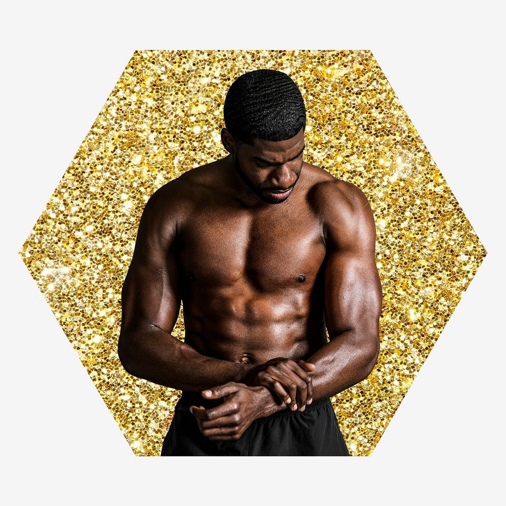 Muscular topless man, gold glitter hexagon shape badge