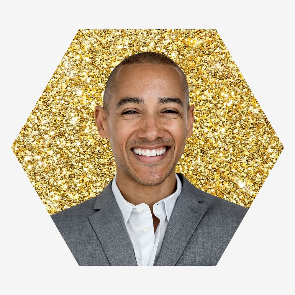 Businessman, gold glitter hexagon shape badge