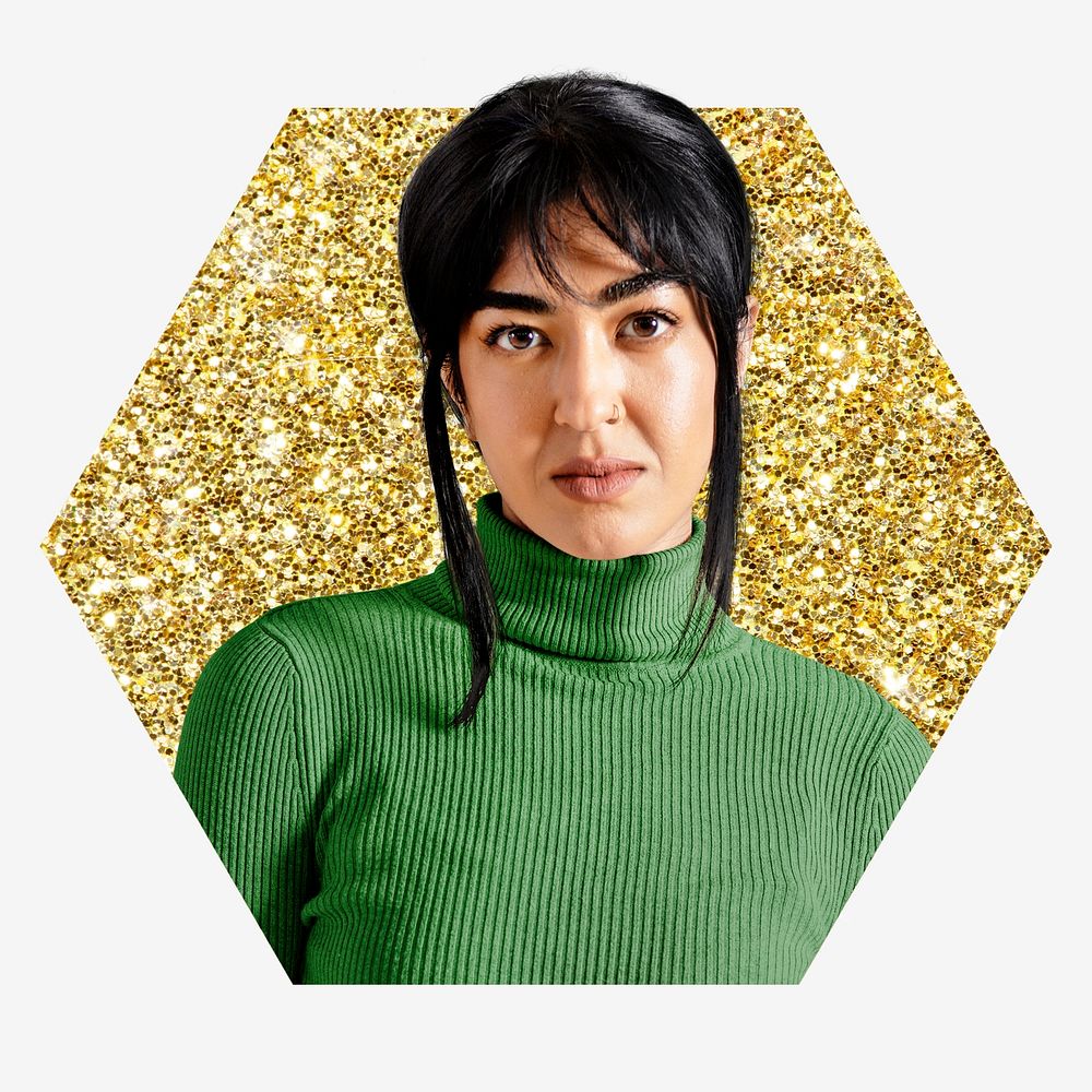 Woman wearing turtleneck, gold glitter hexagon shape badge