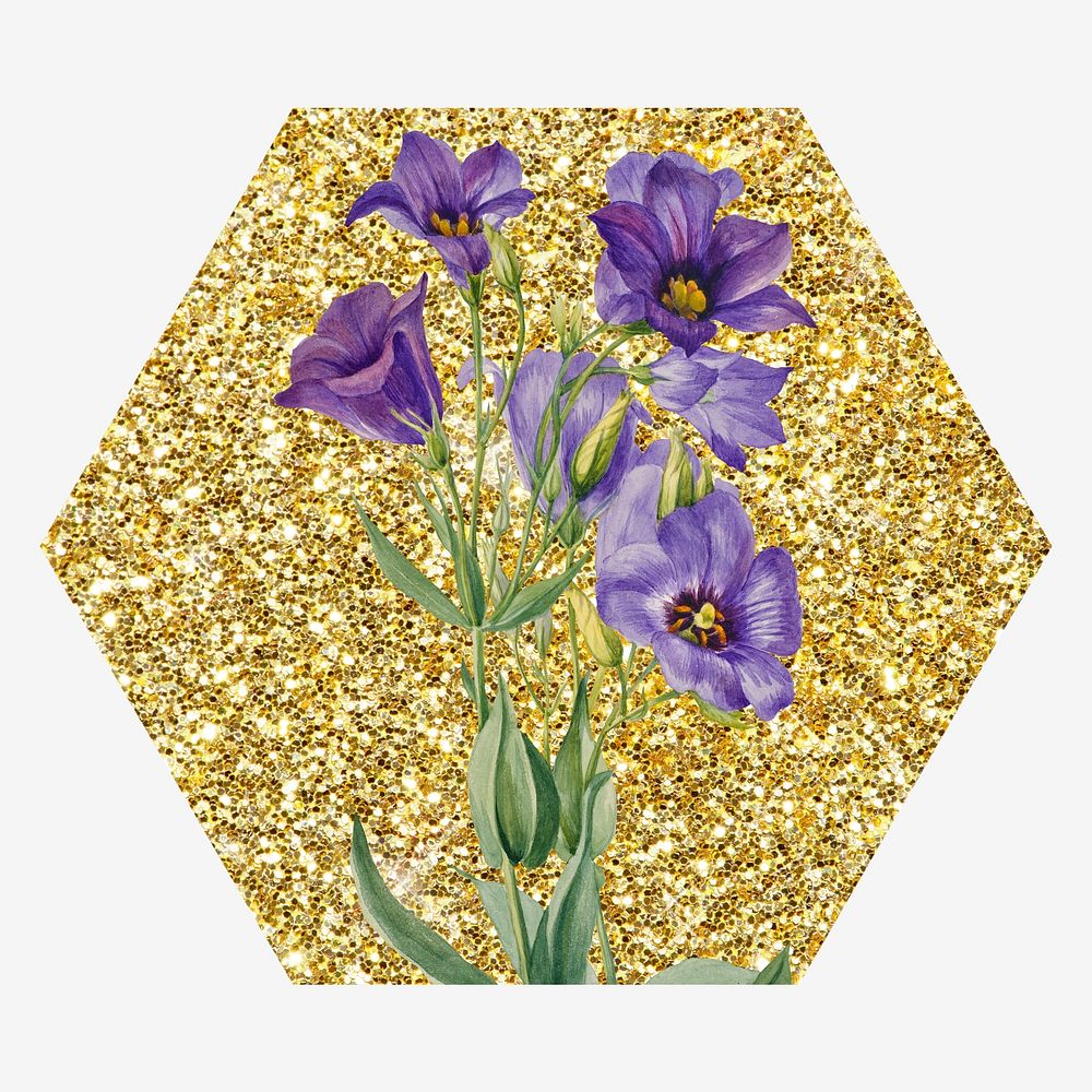 Texas bluebell flower, gold glitter hexagon shape badge