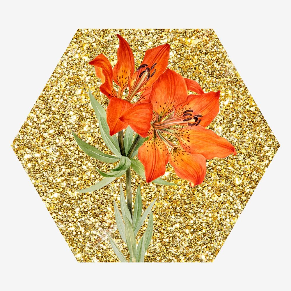 Red lily, gold glitter hexagon shape badge