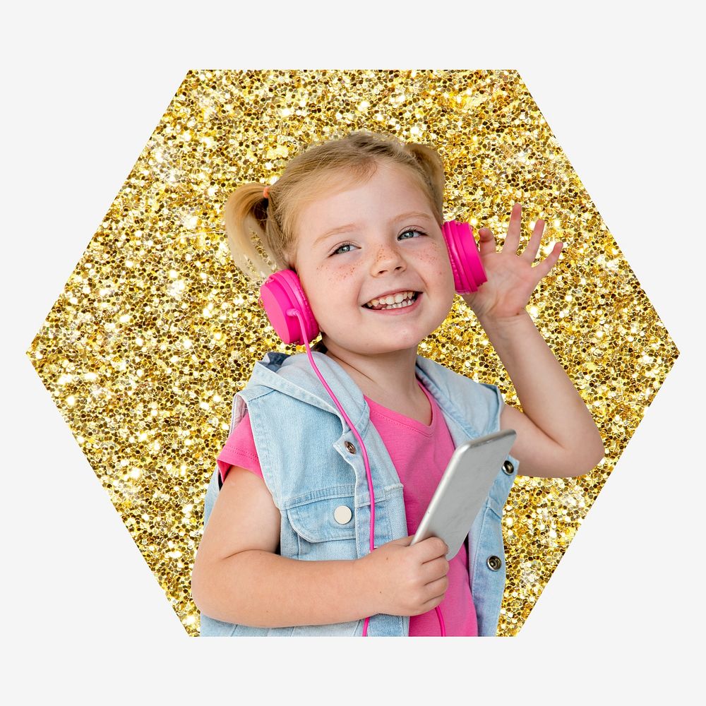 Girl enjoying music, gold glitter hexagon shape badge