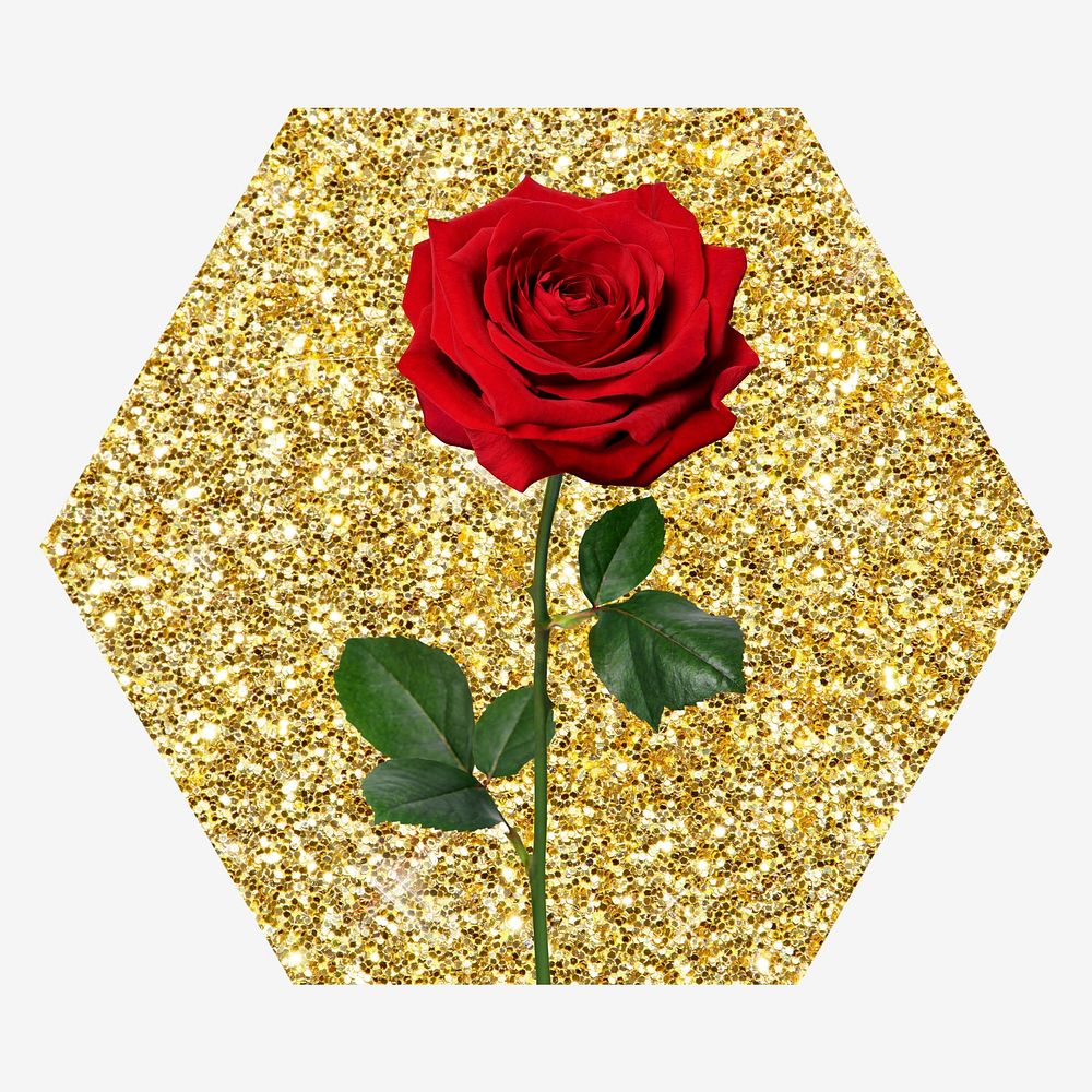Red rose, gold glitter hexagon shape badge