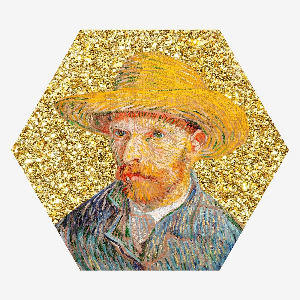 Van Gogh's Self-Portrait, gold glitter hexagon shape badge remixed by rawpixel