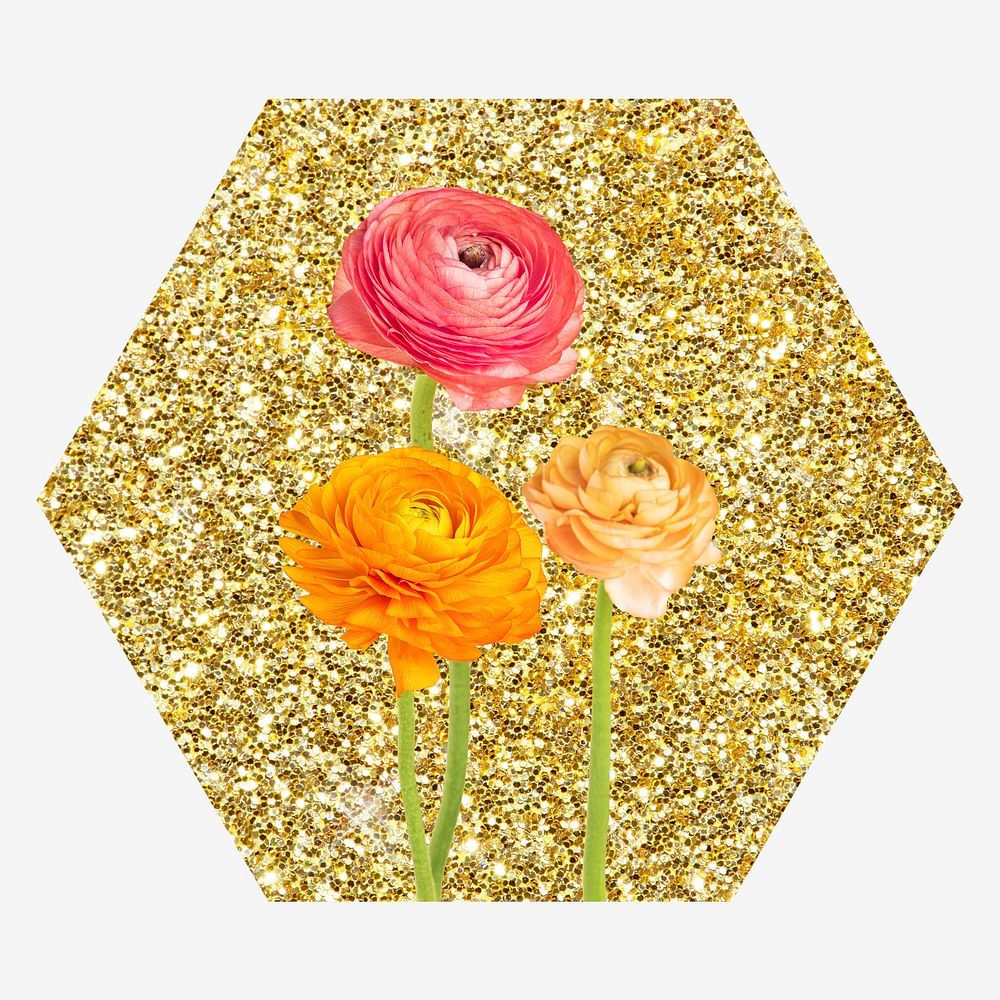 Ranunculus flower, gold glitter hexagon shape badge