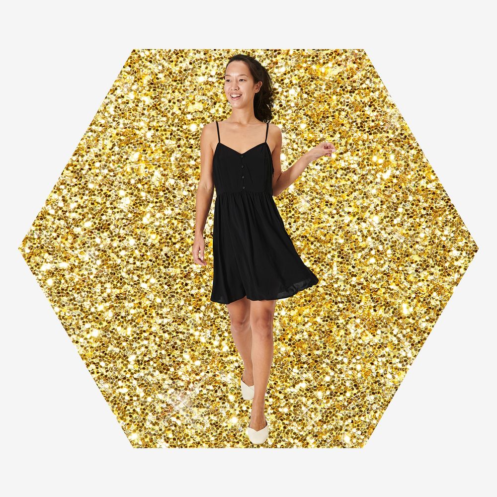 Asian woman in black dress, gold glitter hexagon shape badge