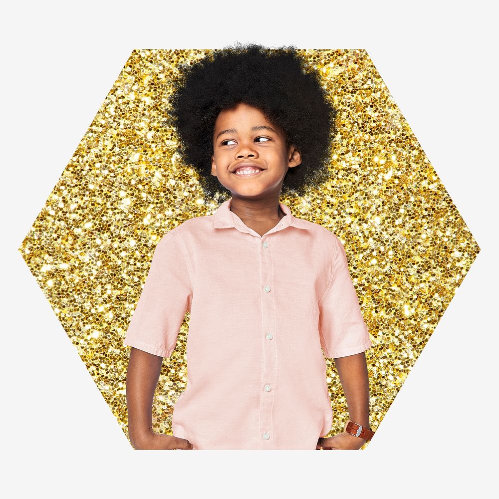 African kid, gold glitter hexagon shape badge