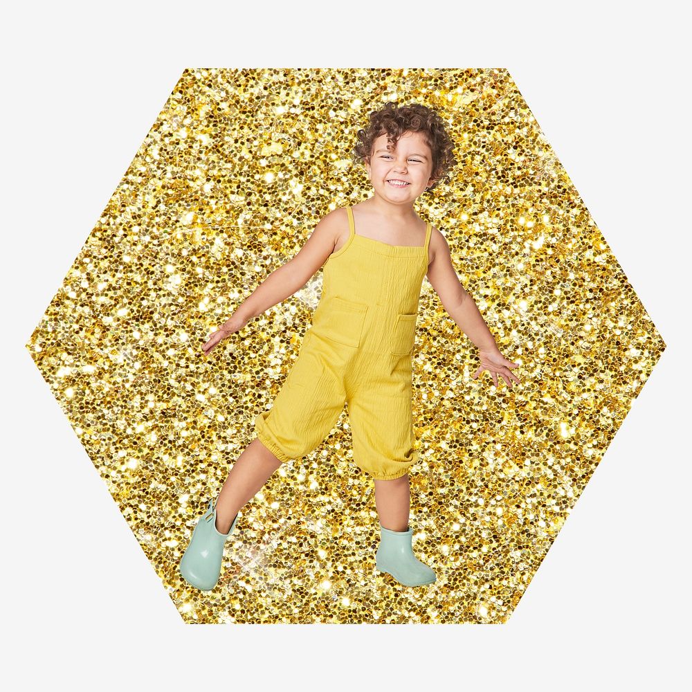 Little kid, gold glitter hexagon shape badge