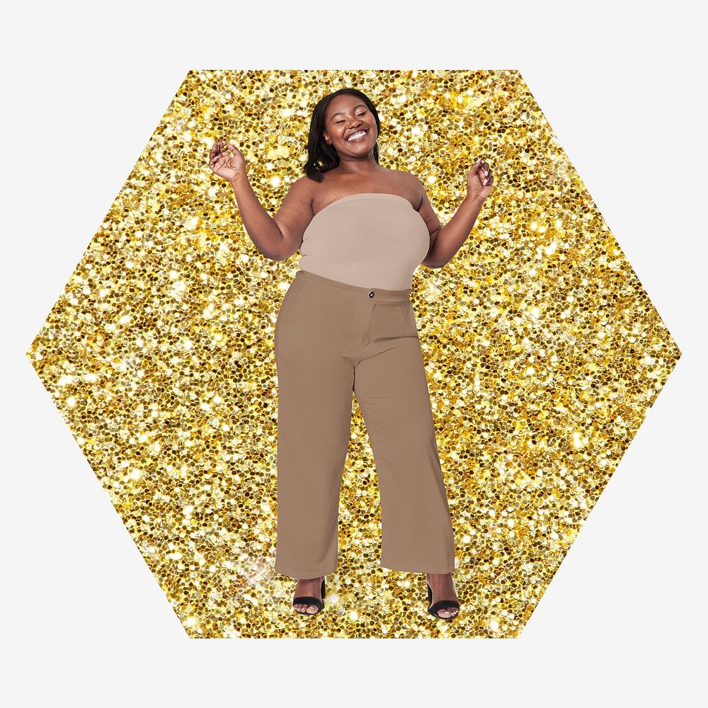 Joyful African woman, gold glitter hexagon shape badge