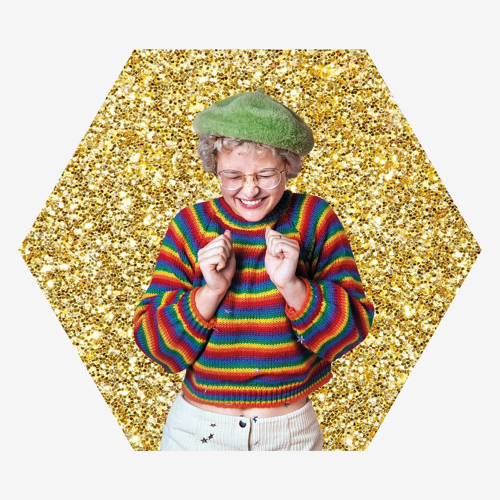 Cheerful woman, gold glitter hexagon shape badge