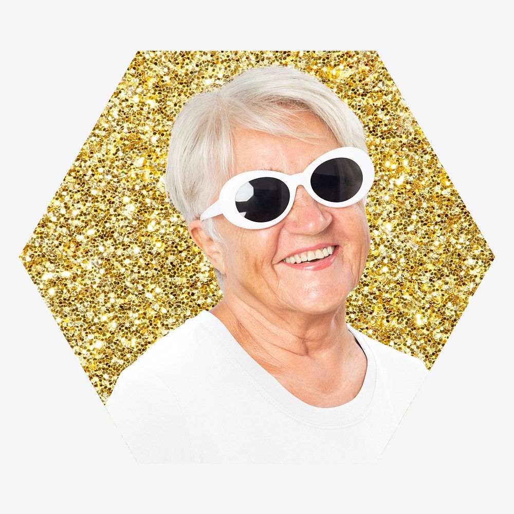 Senior woman with sunglasses, gold glitter hexagon shape badge