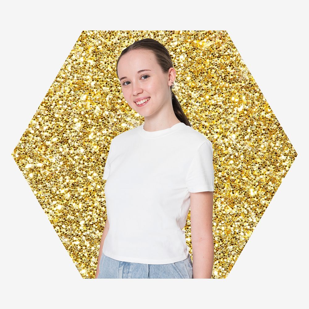 Teenage girl, gold glitter hexagon shape badge