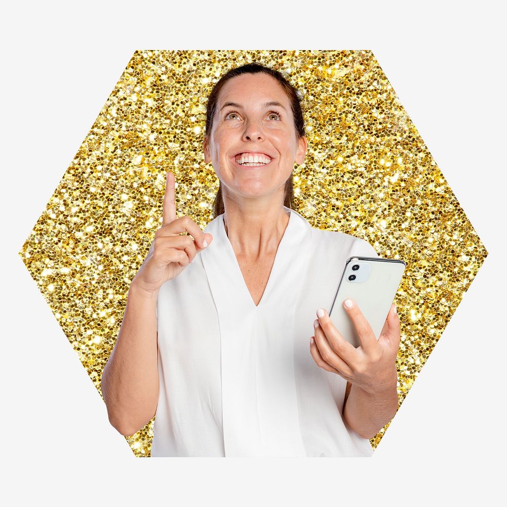 Woman holding phone, gold glitter hexagon shape badge