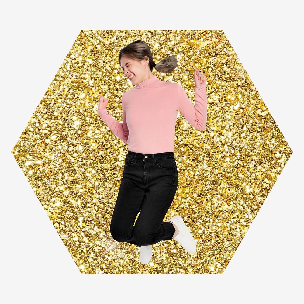 Jumping girl, gold glitter hexagon shape badge