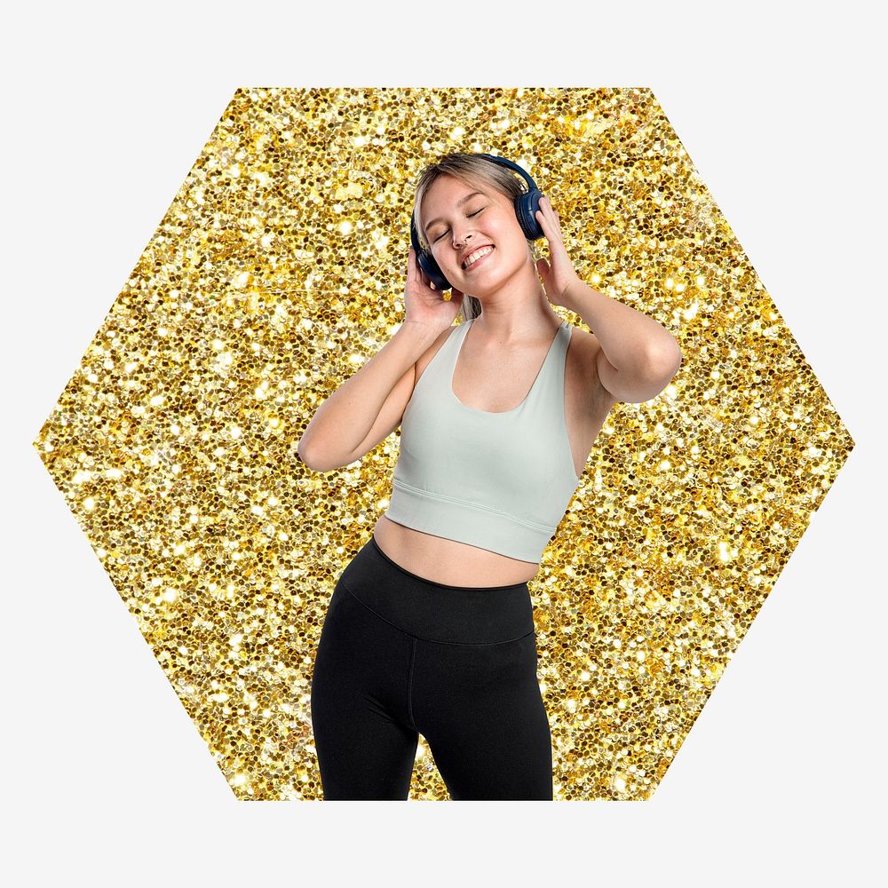 Woman enjoying music, gold glitter hexagon shape badge