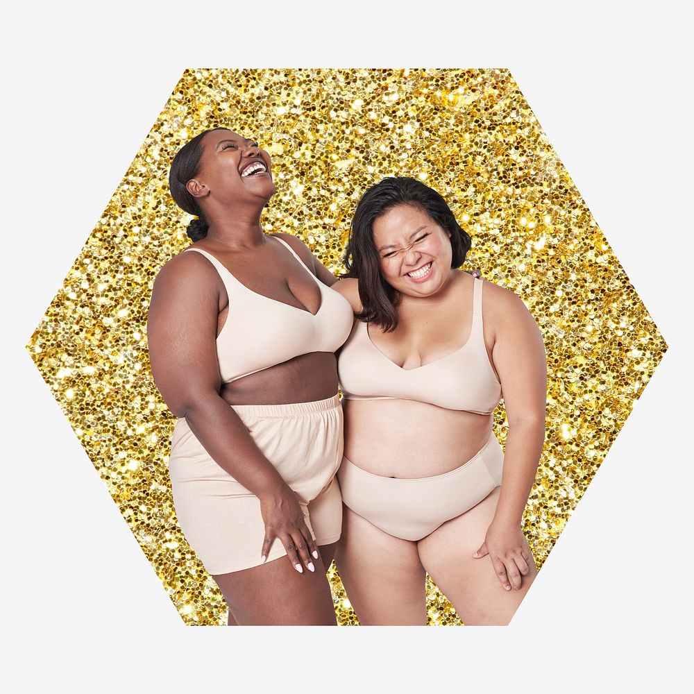 Plus size models in lingerie apparel, gold glitter hexagon shape badge