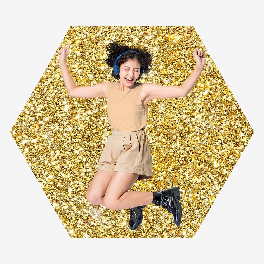 Happy woman, gold glitter hexagon shape badge