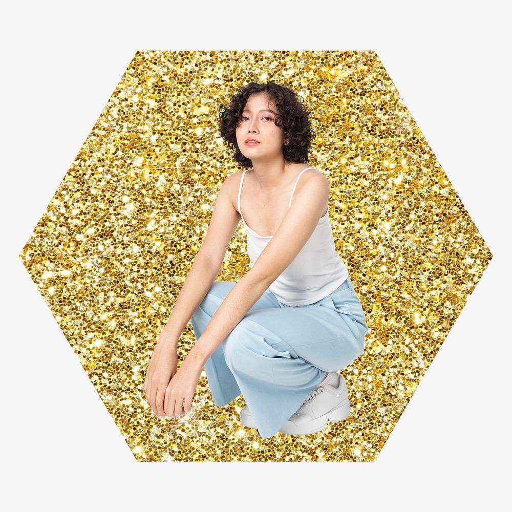 Woman sitting, gold glitter hexagon shape badge