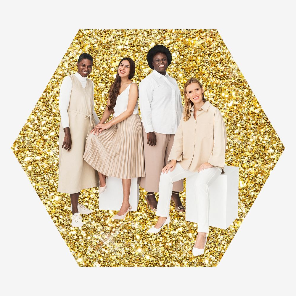 Diverse women, gold glitter hexagon shape badge