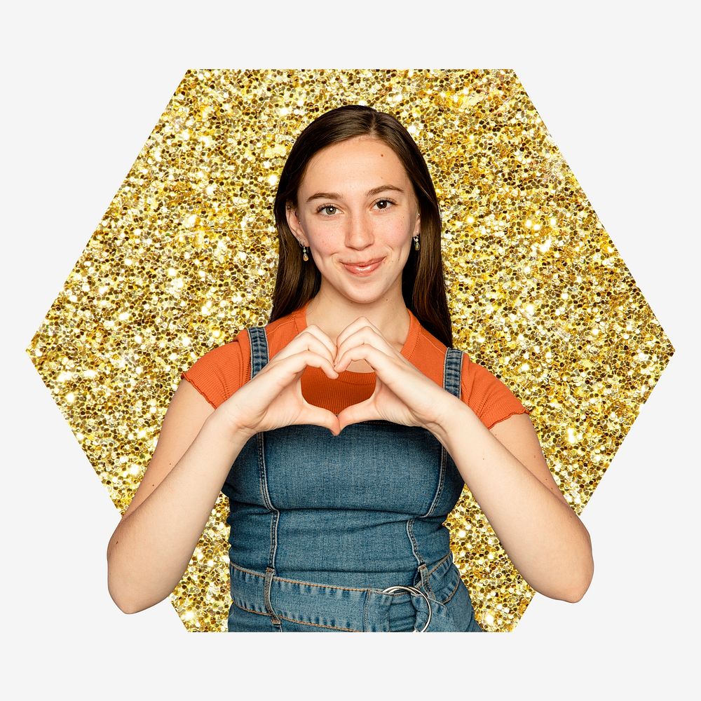 Woman making heart hands, gold glitter hexagon shape badge