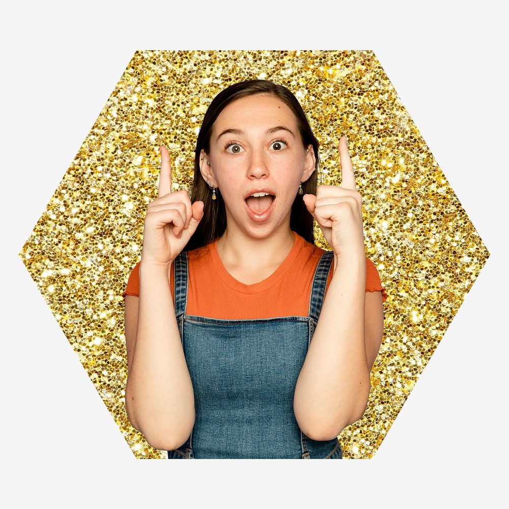 Young woman pointing up, gold glitter hexagon shape badge