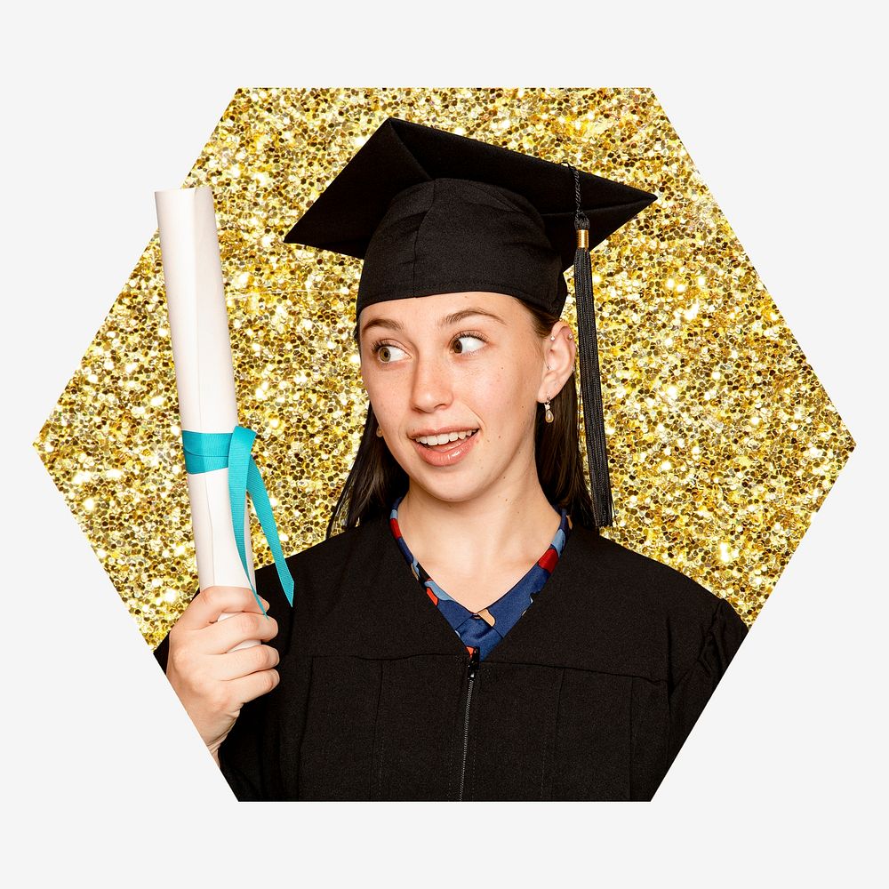 Graduate woman, education, gold glitter hexagon shape badge