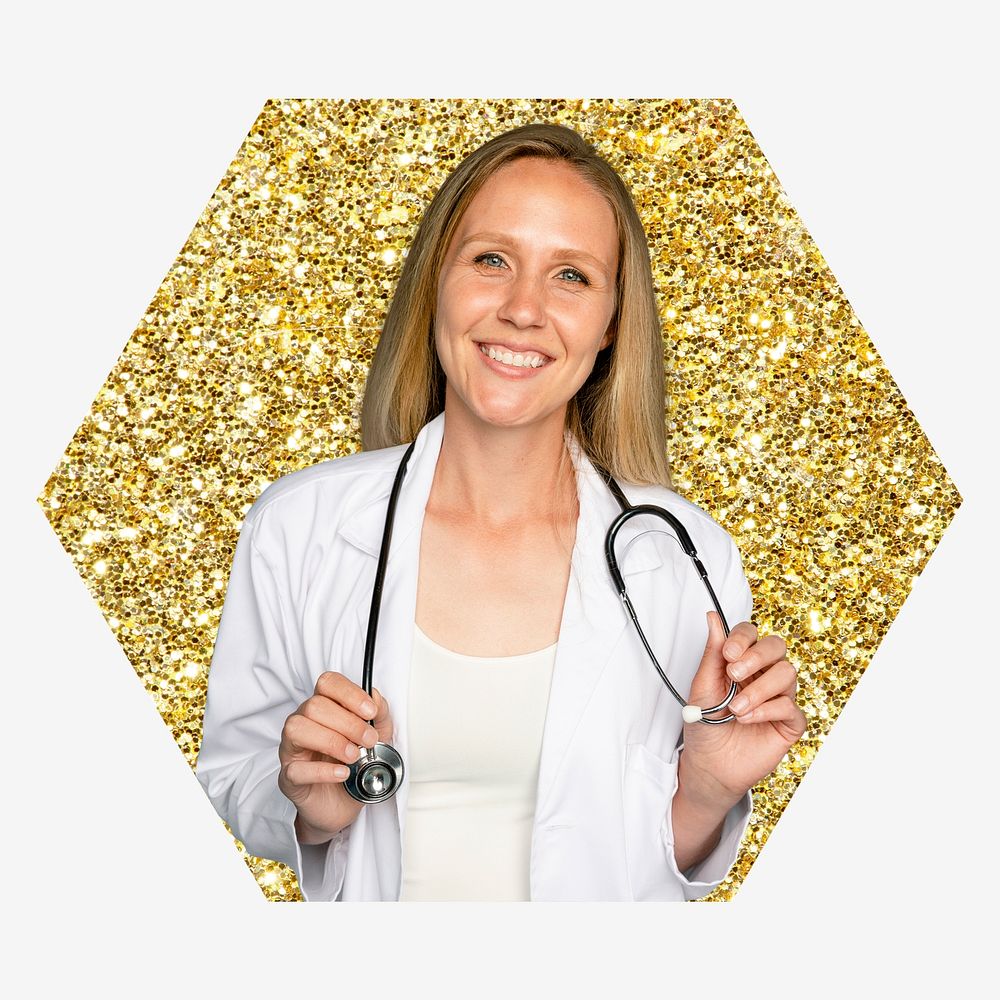 Female doctor, gold glitter hexagon shape badge