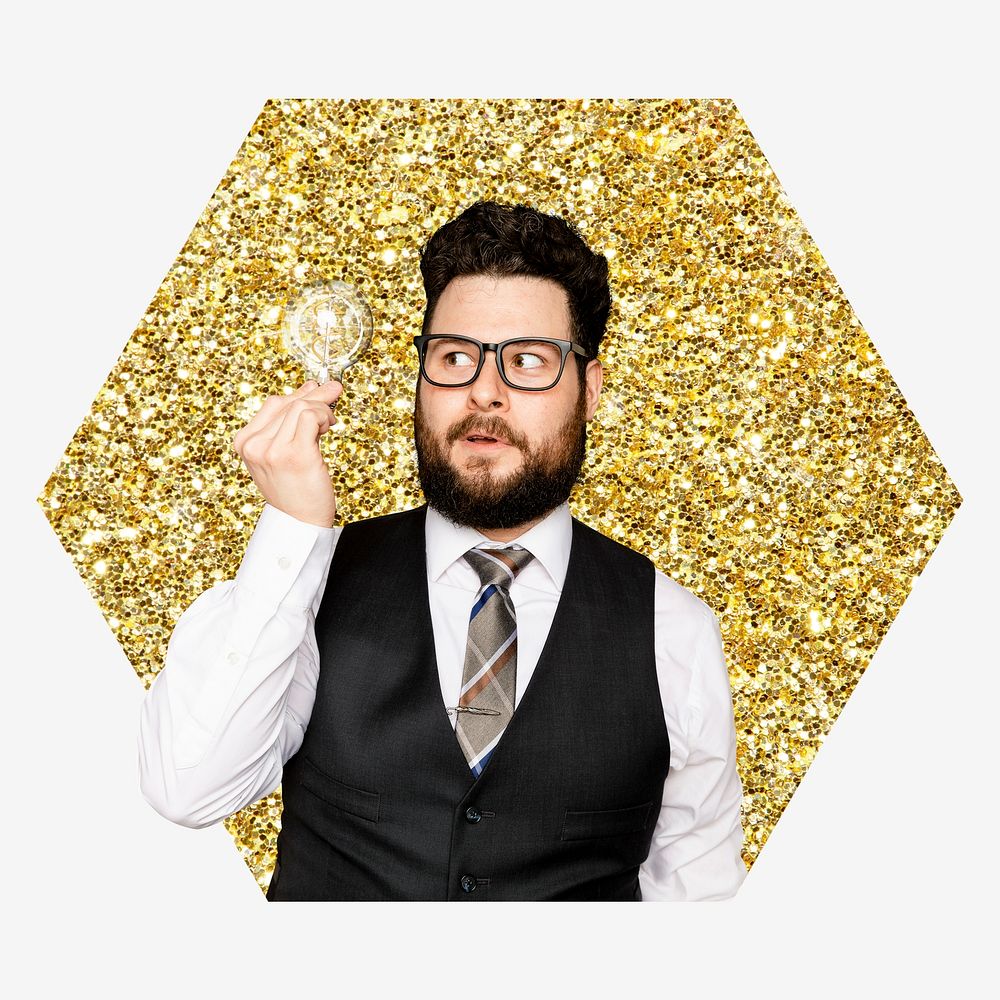 Bearded businessman, gold glitter hexagon shape badge