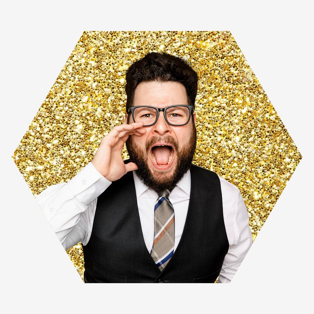Businessman screaming, gold glitter hexagon shape badge